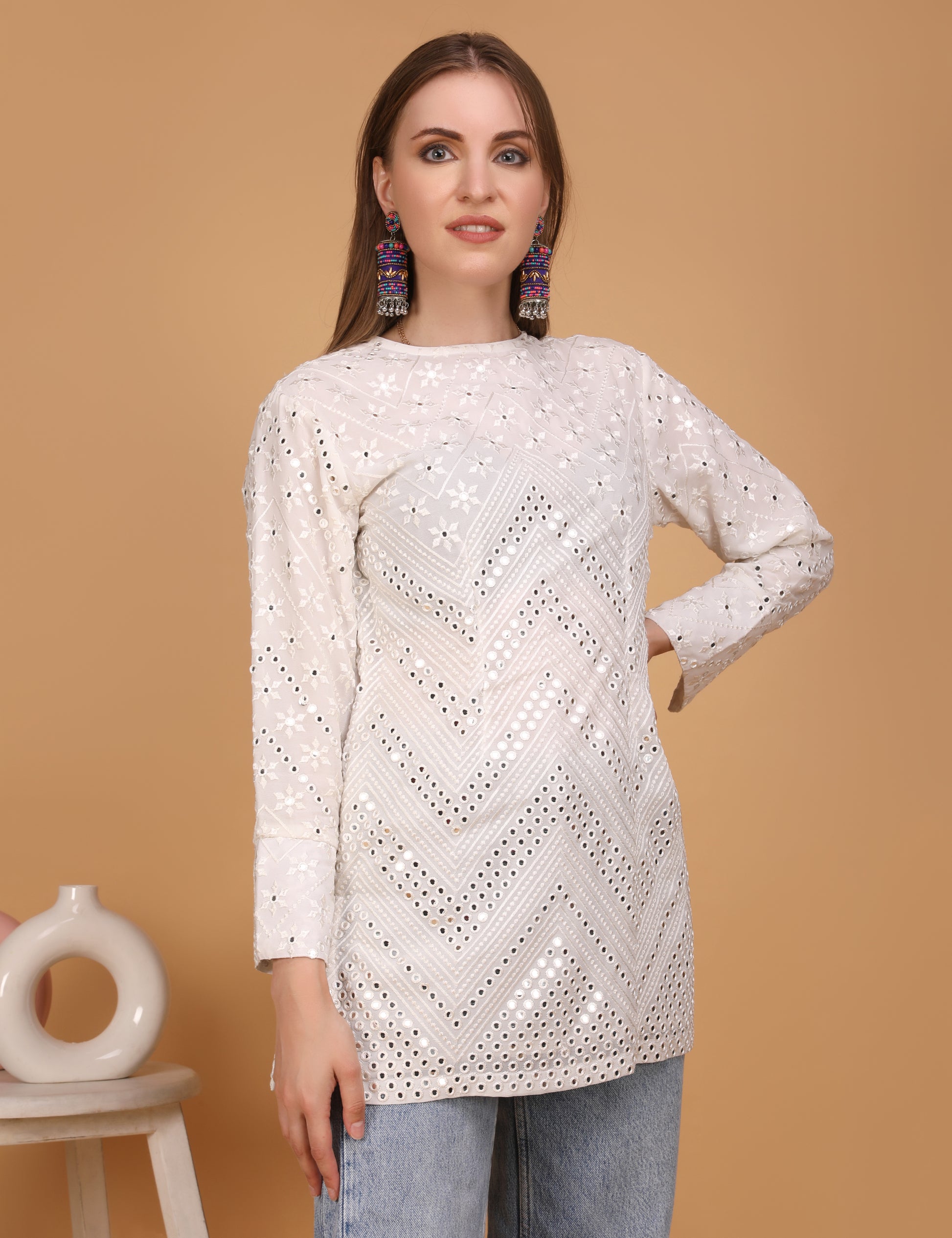 WOMEN WHITE MIRROR EMBOSSED SHORT KURTI