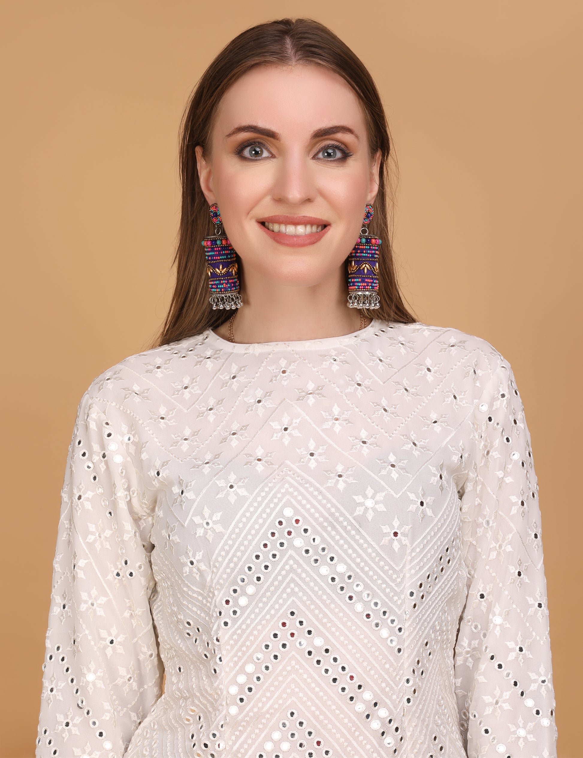 WOMEN WHITE MIRROR EMBOSSED SHORT KURTI