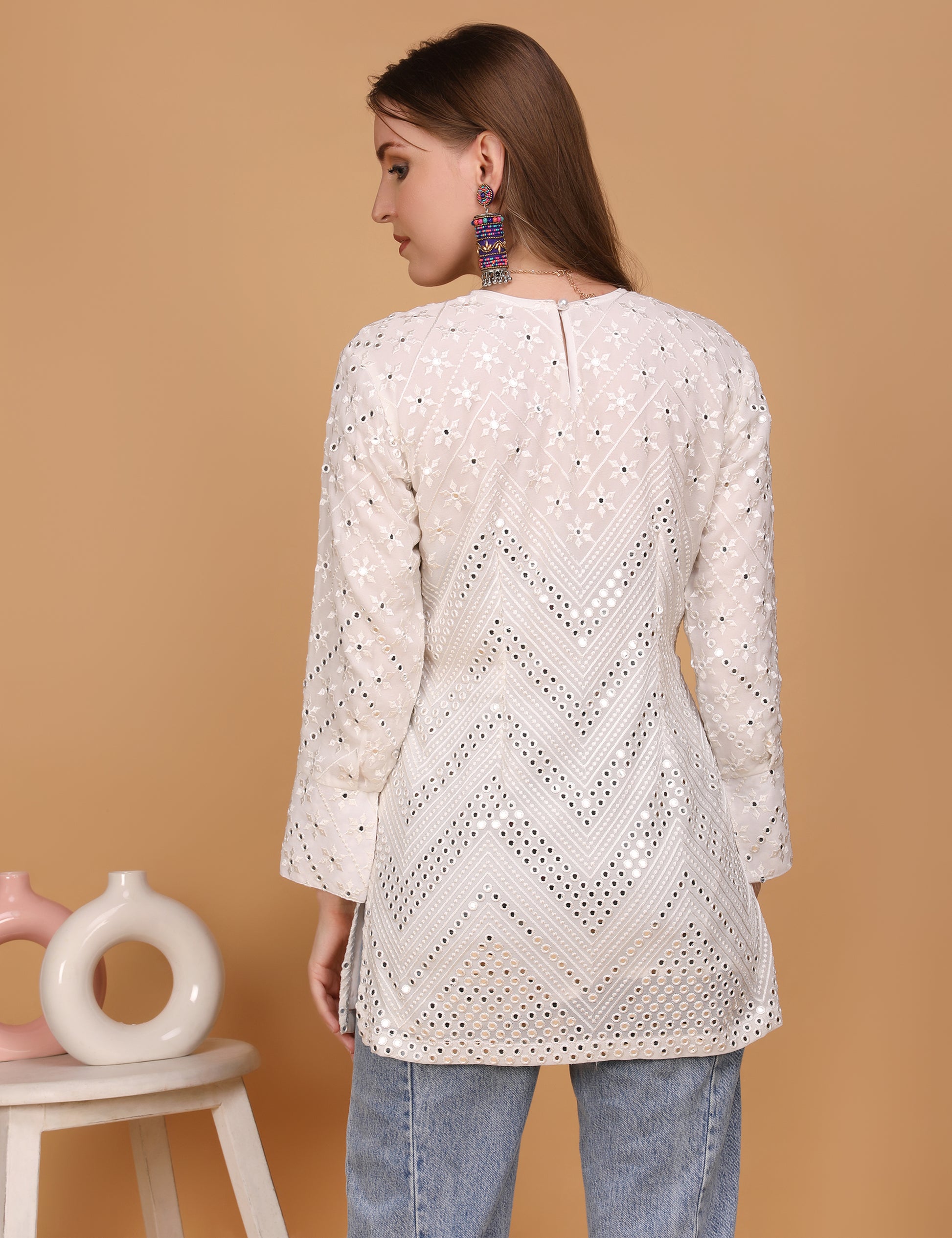 WOMEN WHITE MIRROR EMBOSSED SHORT KURTI