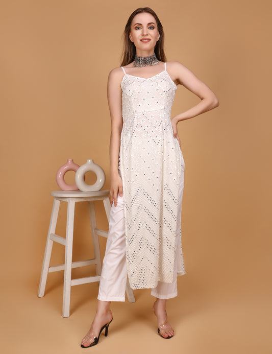 WOMEN WHITE MIRROR EMBOSSED LONG KURTI