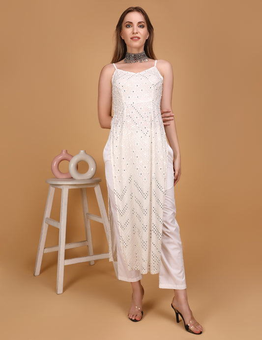 WOMEN WHITE MIRROR EMBOSSED LONG KURTI