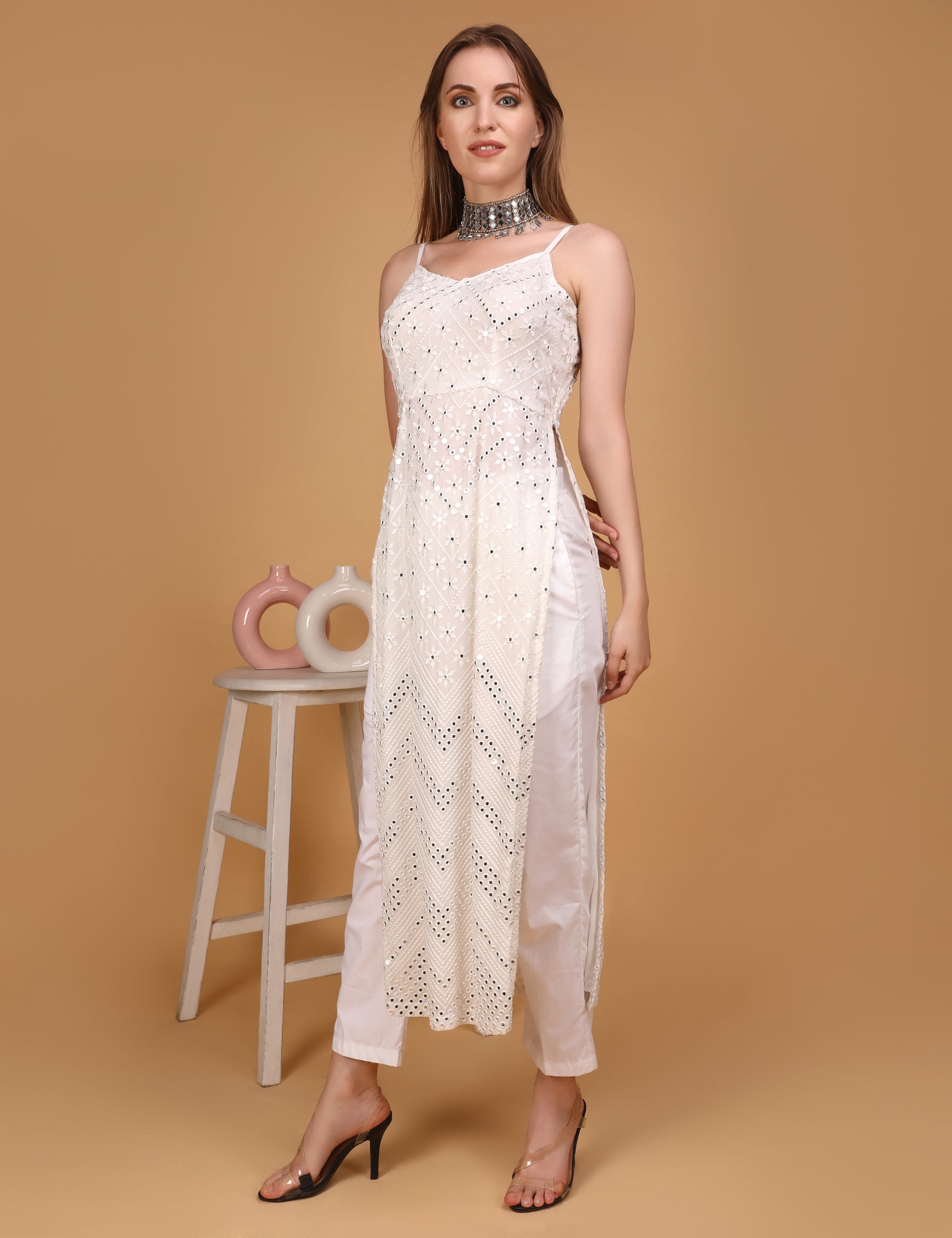 WOMEN WHITE MIRROR EMBOSSED LONG KURTI