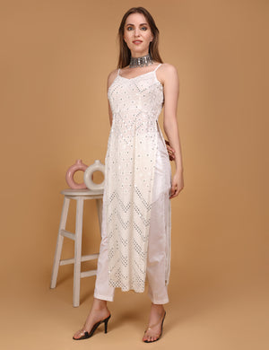 WOMEN WHITE MIRROR EMBOSSED LONG KURTI