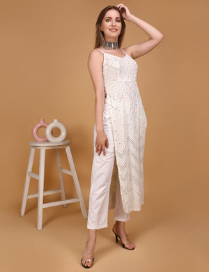 WOMEN WHITE MIRROR EMBOSSED LONG KURTI