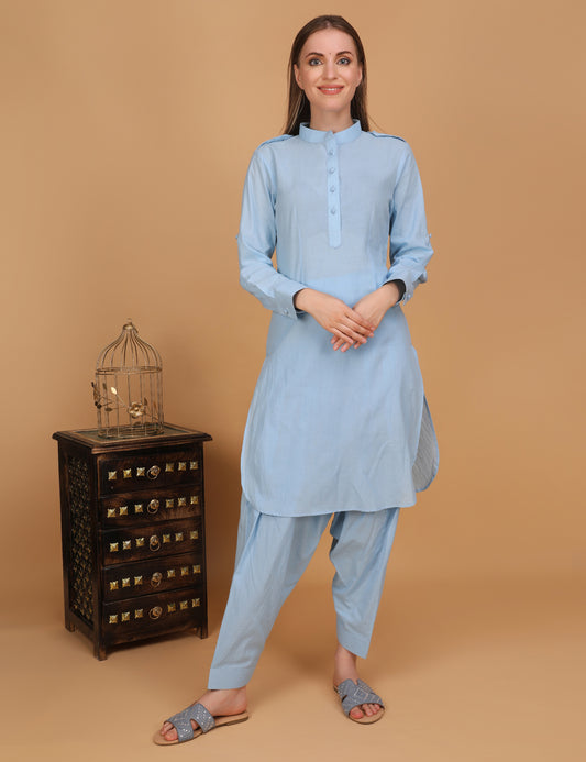 WOMEN BLUE PATHANI KURTI WITH SALWAR