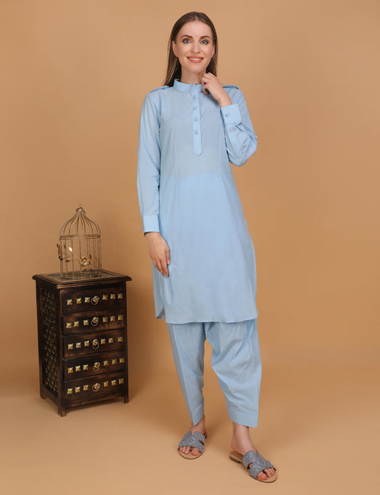 WOMEN BLUE PATHANI KURTI WITH SALWAR