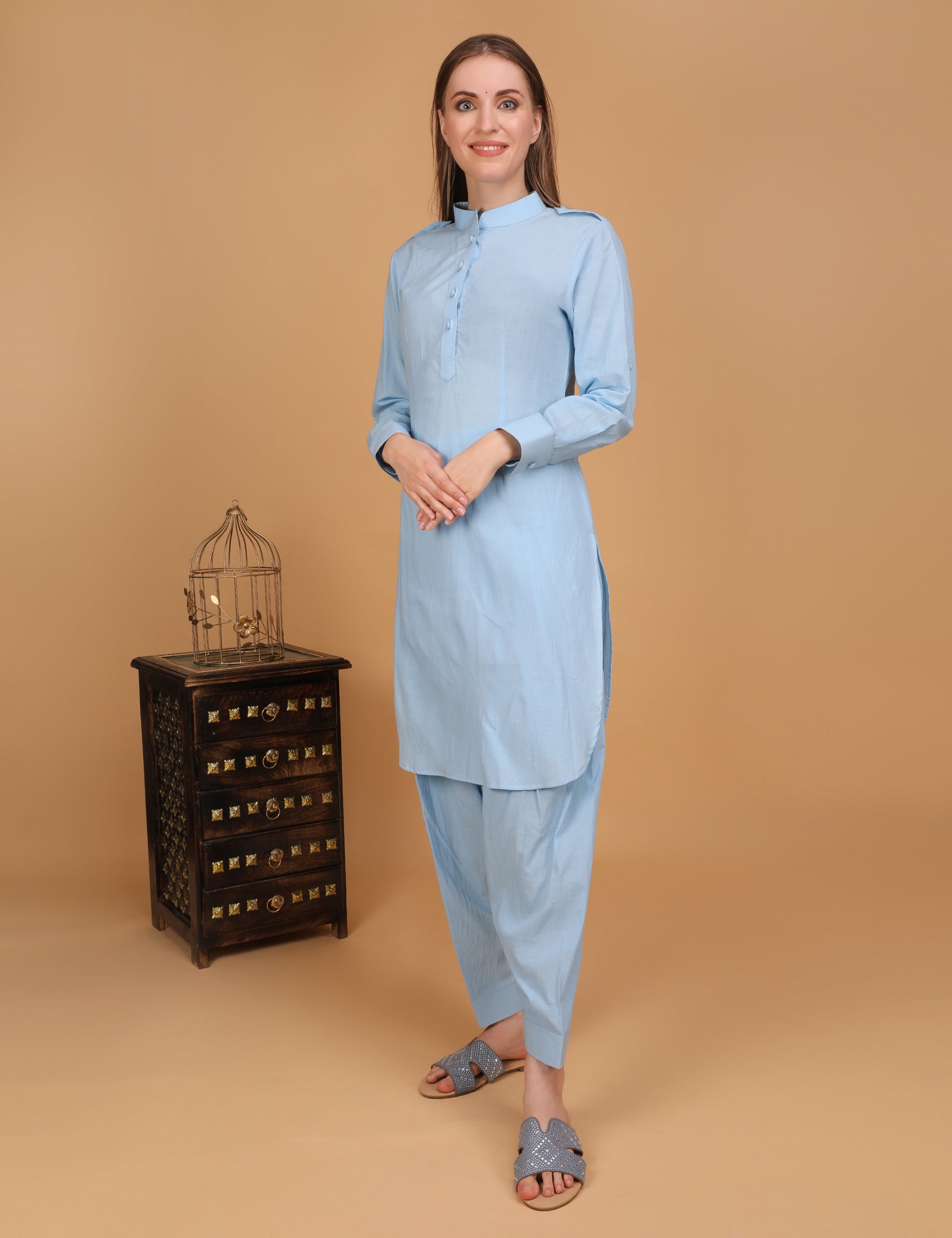 WOMEN BLUE PATHANI KURTI WITH SALWAR