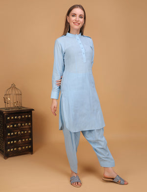 WOMEN BLUE PATHANI KURTI WITH SALWAR