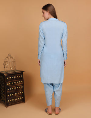 WOMEN BLUE PATHANI KURTI WITH SALWAR