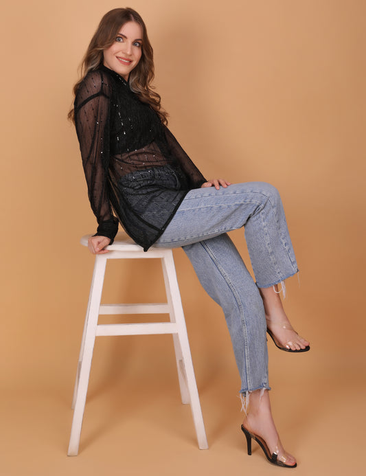 WOMEN BLACK SHEER OVERSIZED SHIRT