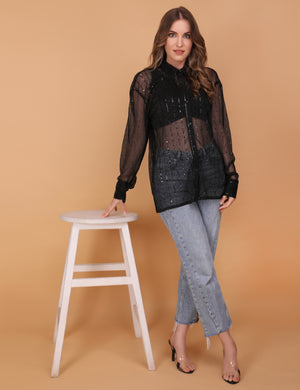 WOMEN BLACK SHEER OVERSIZED SHIRT