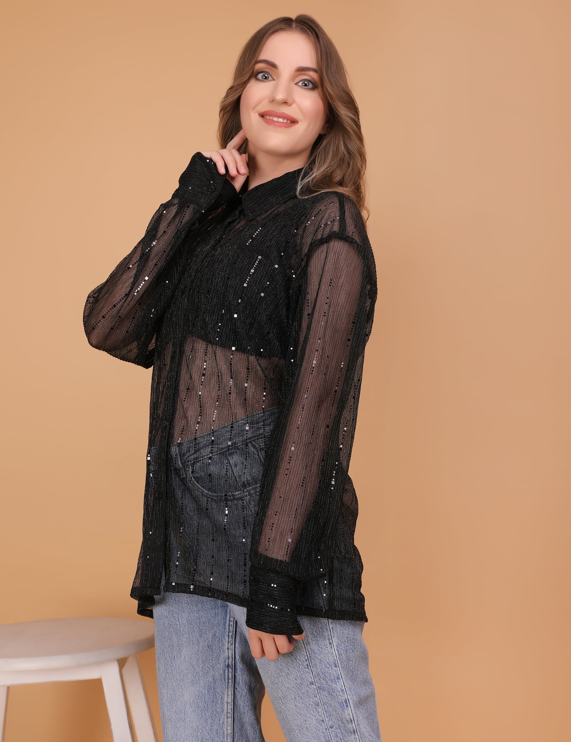 WOMEN BLACK SHEER OVERSIZED SHIRT