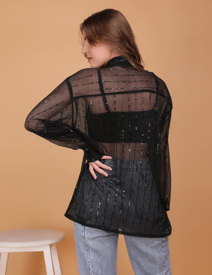 WOMEN BLACK SHEER OVERSIZED SHIRT