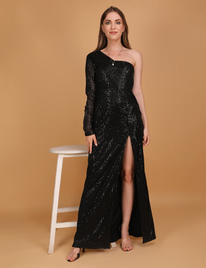 WOMEN BLACK SEQUINNED  SLIT DRESS