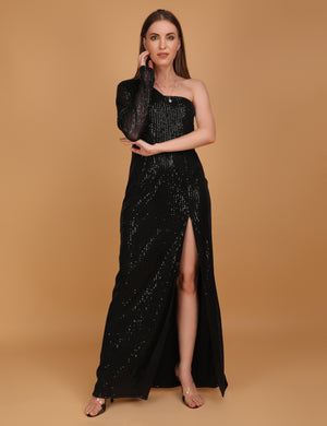 WOMEN BLACK SEQUINNED  SLIT DRESS