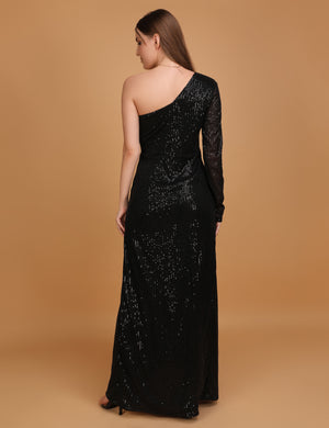 WOMEN BLACK SEQUINNED  SLIT DRESS