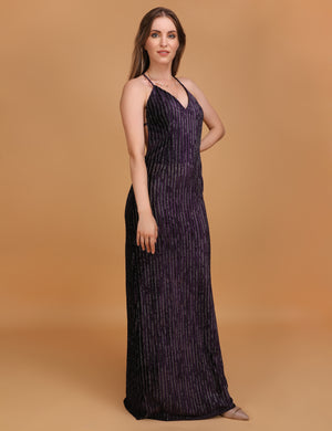 WOMEN PURPLE STRIPED CAMI DRESS