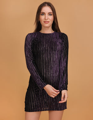 WOMEN PURPLE STRIPED LONG SLEEVES DRESS