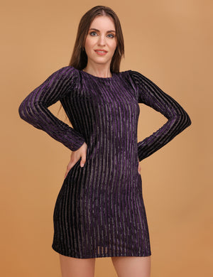 WOMEN PURPLE STRIPED LONG SLEEVES DRESS