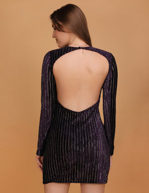 WOMEN PURPLE STRIPED LONG SLEEVES DRESS