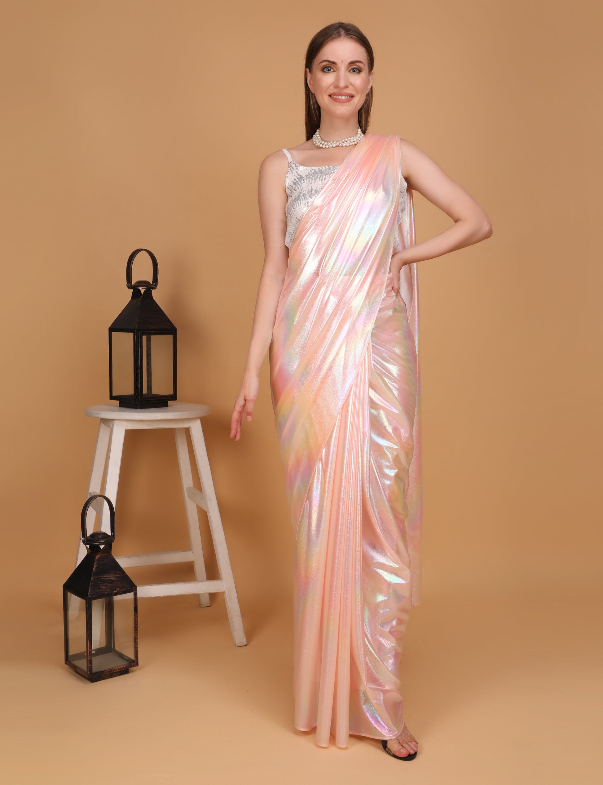 WOMEN LIGHT PINK SHIMMER PRE-STITCHED SAREE