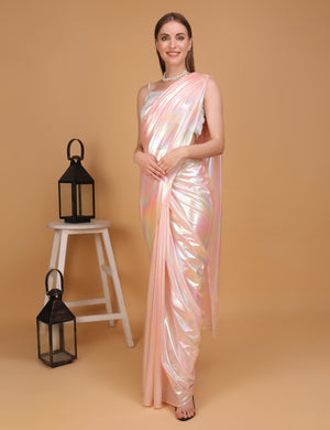 WOMEN LIGHT PINK SHIMMER PRE-STITCHED SAREE