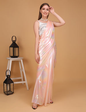 WOMEN LIGHT PINK SHIMMER PRE-STITCHED SAREE