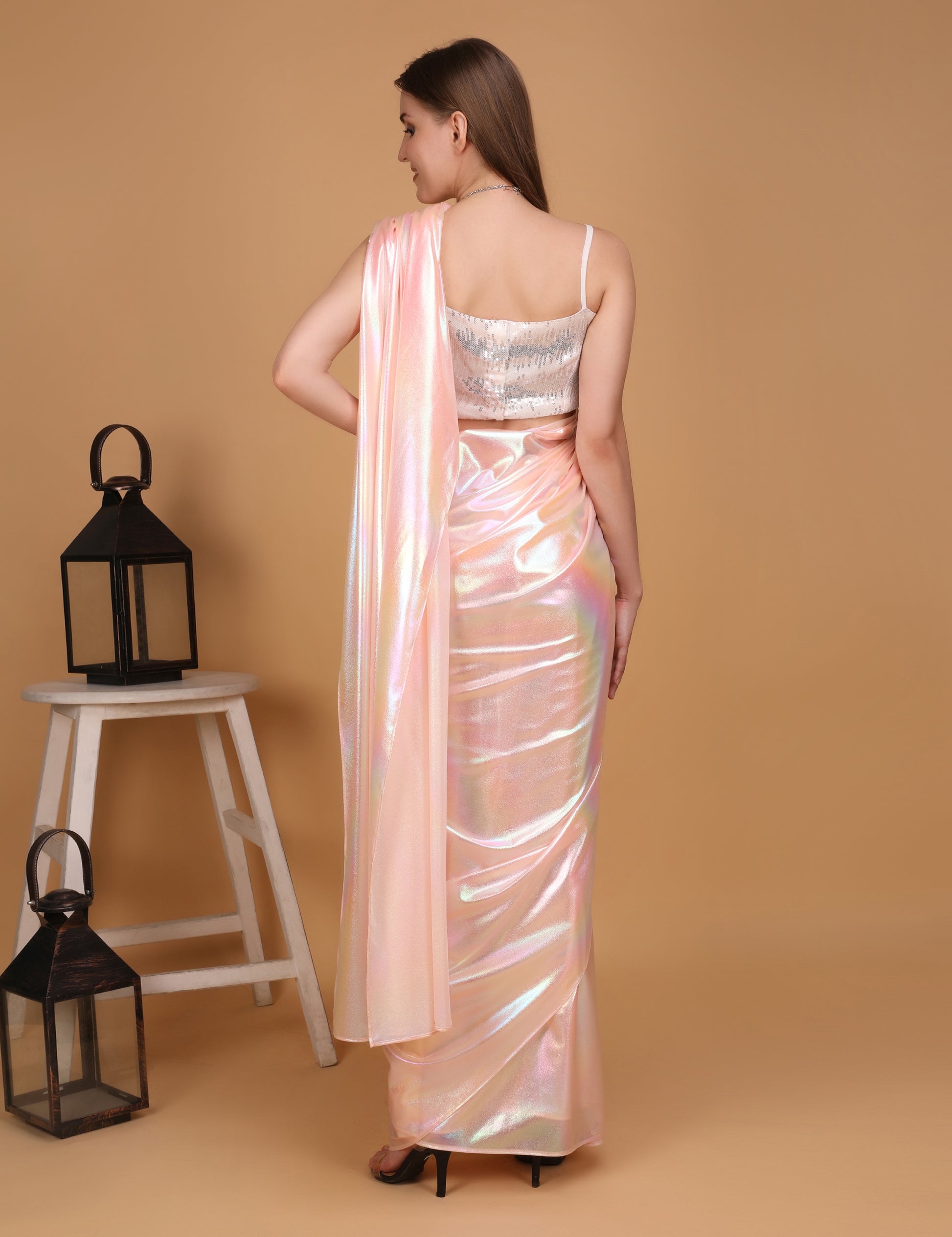 WOMEN LIGHT PINK SHIMMER PRE-STITCHED SAREE