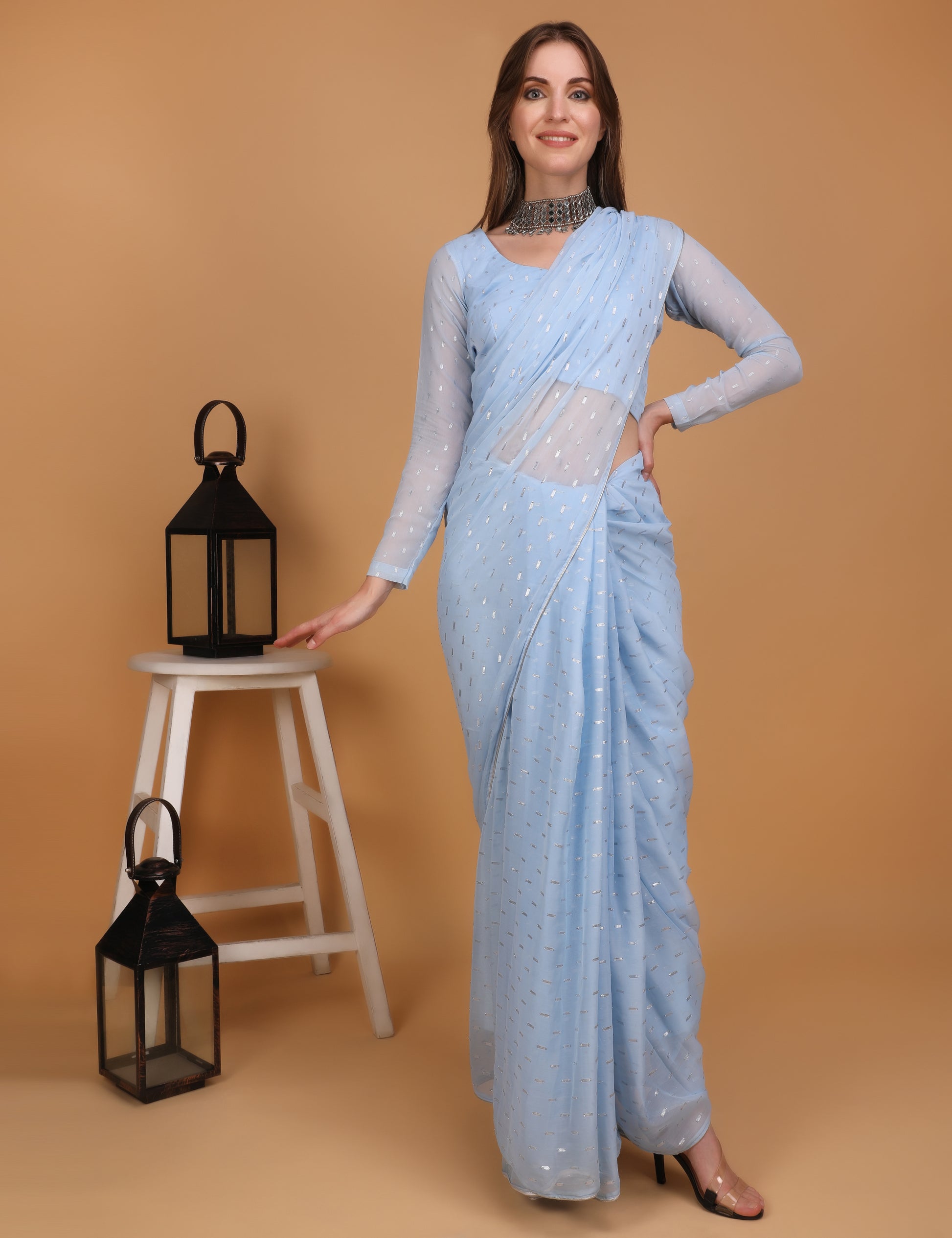 WOMEN SKY BLUE  LUREX SAREE