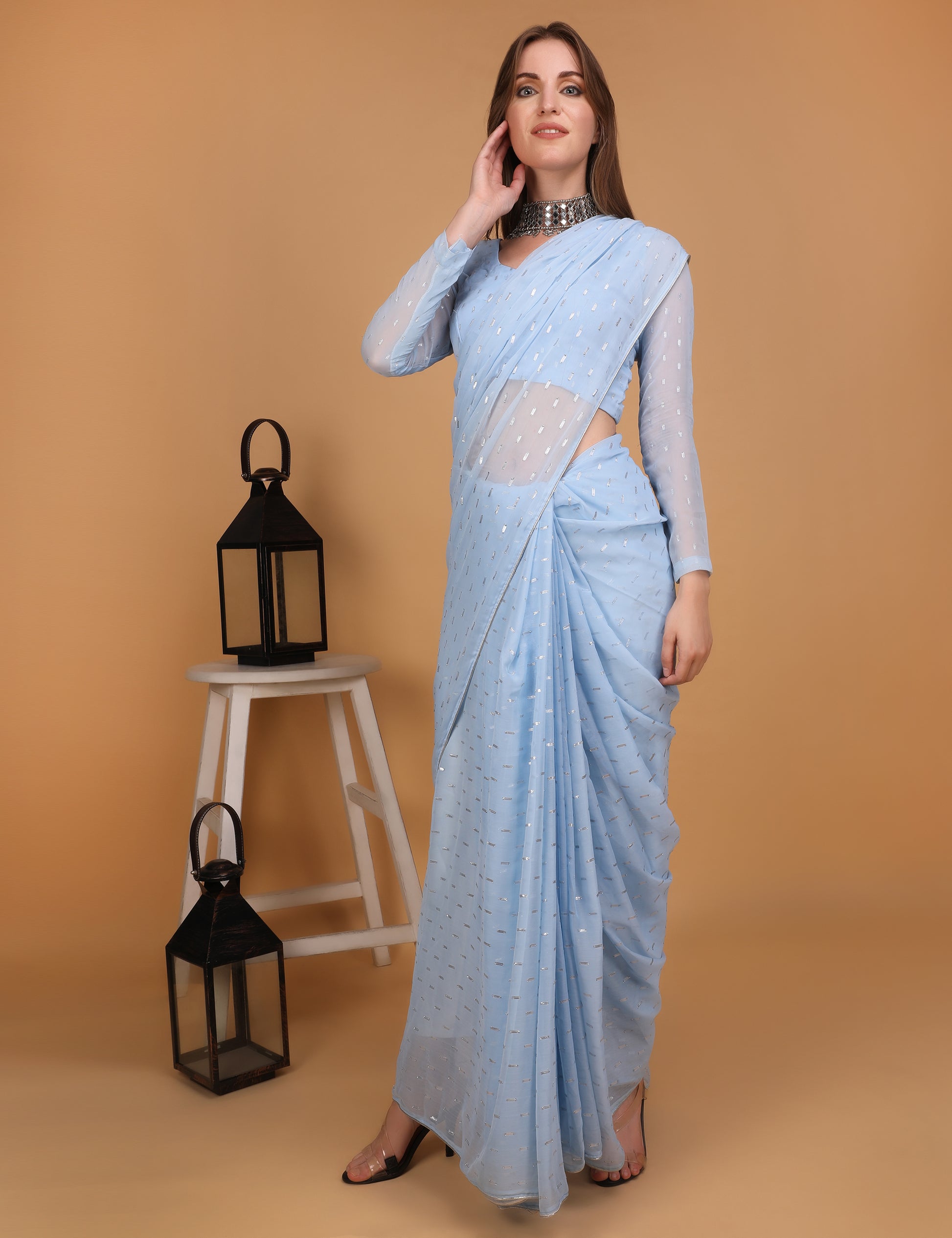 WOMEN SKY BLUE  LUREX SAREE