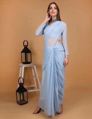 WOMEN SKY BLUE  LUREX SAREE