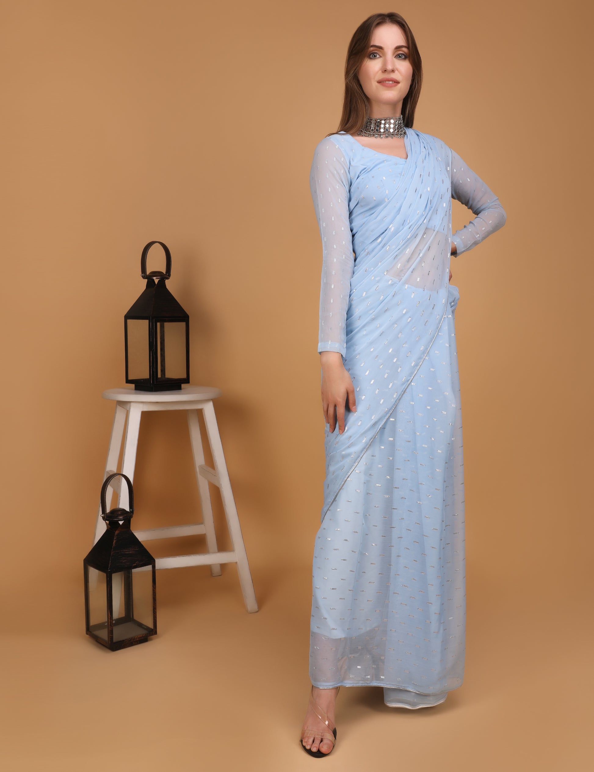 WOMEN SKY BLUE  LUREX SAREE