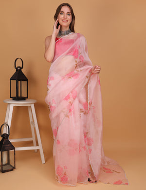 WOMEN PINK FLORAL ORGANZA SAREE