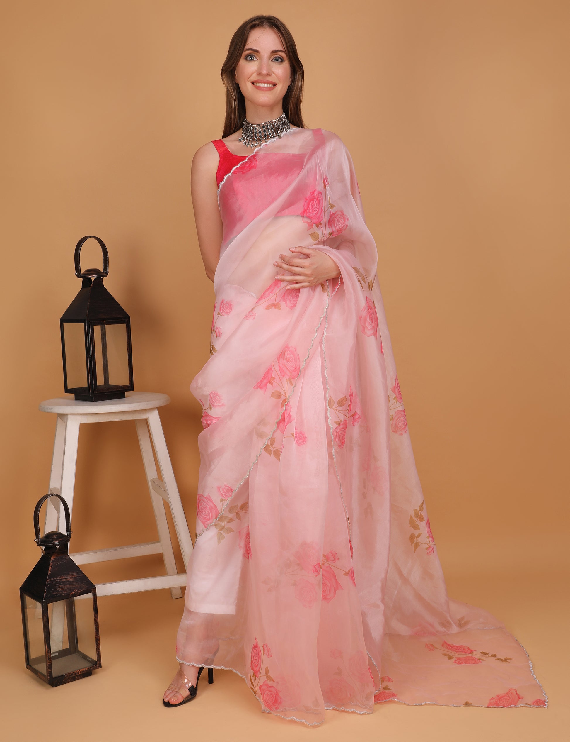 WOMEN PINK FLORAL ORGANZA SAREE