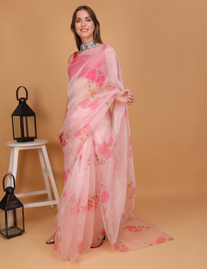 WOMEN PINK FLORAL ORGANZA SAREE