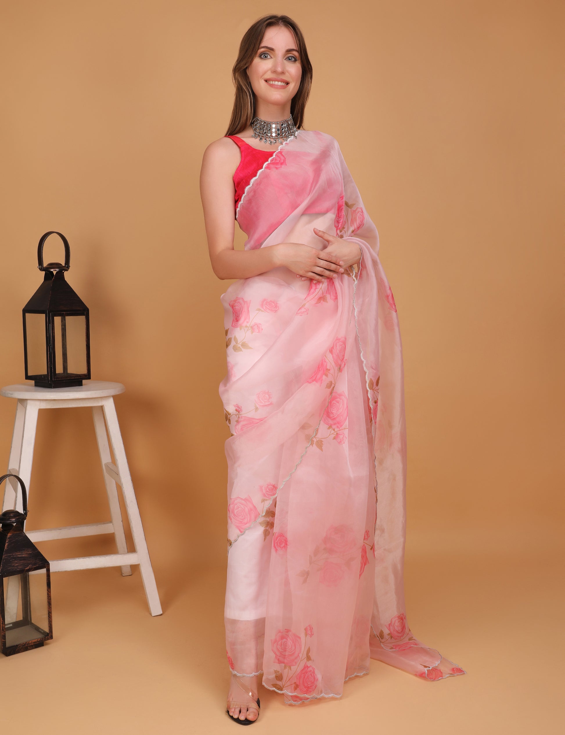 WOMEN PINK FLORAL ORGANZA SAREE