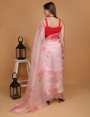 WOMEN PINK FLORAL ORGANZA SAREE